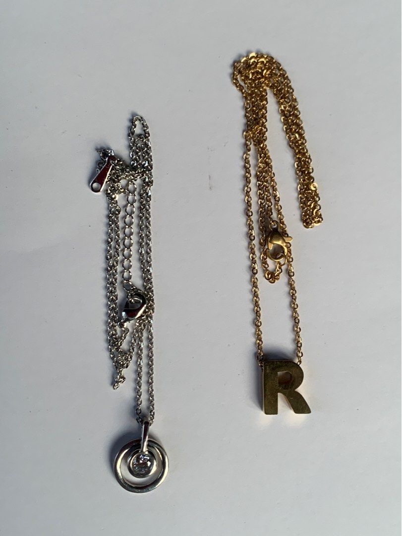 Assorted Necklaces (Category: Necklaces) located in Bacoor. Submitted by mydeclutt (Listing ID 1340906606, Image 2). Description: Gold Plated ‘R’ Initial Necklace - PHP70 Silver necklace - PHP120.