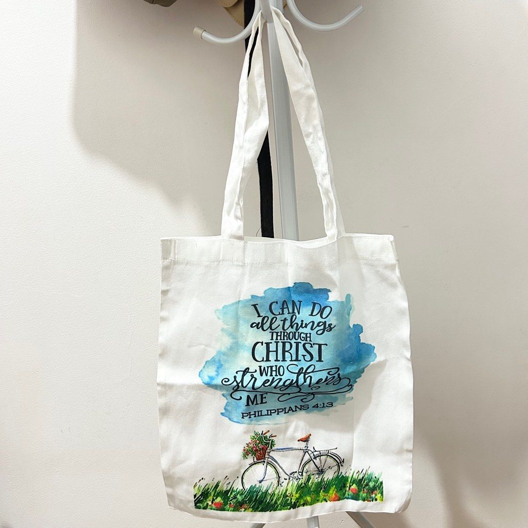 BIBLE VERSE Blue Tote Bag (Katsa) (Category: Tote Bags) located in Manila. Submitted by shereels (Listing ID 1340927950, Image 2). Description: Size : 13 x 14.5 Inches (18 inches long strap) Fabric: Thick Katsa Canvas No Zipper No Velcro Color: White Verse: Philippians 4:13.