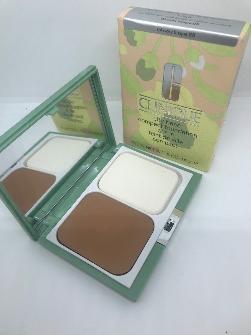 Clinique City Base Compact Foundation 04 Ivory Bisque (N) (Category: Makeup) located in Quezon City. Submitted by currency27 (Listing ID 1340998074, Image 1). Description: Clinique City Base Compact SPF 15 is a cream foundation with a matte finish and medium-full coverage. Oil-free formula glides on as a cream, then turns into a silky powder. Protects skin with SPF. Smooth, buildable coverage can be used as foundation or for touch-ups. 2 availabl