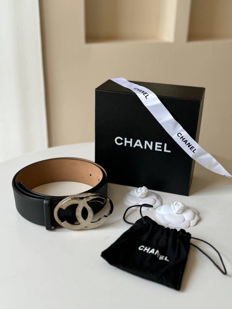 Fast Sale Reprice, Preloved, Chanel Belt Black Big CC Logo SHW, size 80  110cm x 5cm ), With ribbon, camelia, dustbag for buckle and box, •Nett,