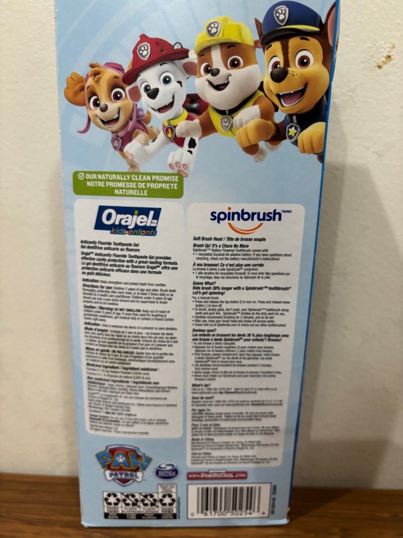Paw Patrol Toothbrush and toothpaste set (Category: Baby Toiletries & Grooming) located in Las Pinas. Submitted by bellagirl28 (Listing ID 1340877127, Image 3). Description: Spinbrush battery operated toothbrush Paw Patrol design Ideal for kids age 2 and older Use 1 AA battery.