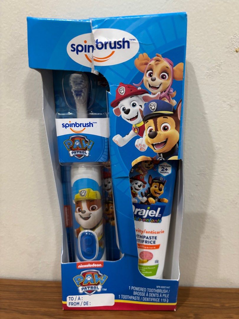 Paw Patrol Toothbrush and toothpaste set (Category: Baby Toiletries & Grooming) located in Las Pinas. Submitted by bellagirl28 (Listing ID 1340877127, Image 1). Description: Spinbrush battery operated toothbrush Paw Patrol design Ideal for kids age 2 and older Use 1 AA battery.