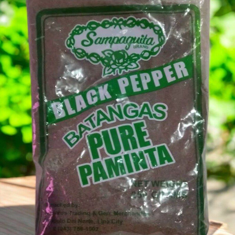 Sampaguita Black Pepper pino (250g) (Category: Spice & Seasoning) located in Paranaque City. Submitted by zjm.essentialz (Listing ID 1340975879, Image 1). Description: Introducing Sampaguita Black pepper powder paminta (pino), a versatile and flavorful seasoning that can elevate the taste of any dish. This product is made of black pepper powder and is available in a 250 gram size. Black pepper is known for its pungent and spicy flavor, which can 