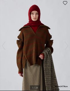 XL碼 rokh x gu 一套2件 水手領 啡色 間條 冷衫 Striped Sailor Collar Brown Sweater Set GU 35245364203802886403110
