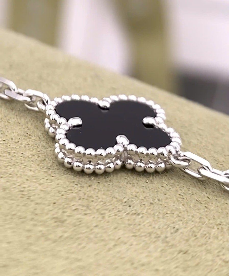 18k white gold onyx vvs diamond vintage alhambra bracelet, Women's