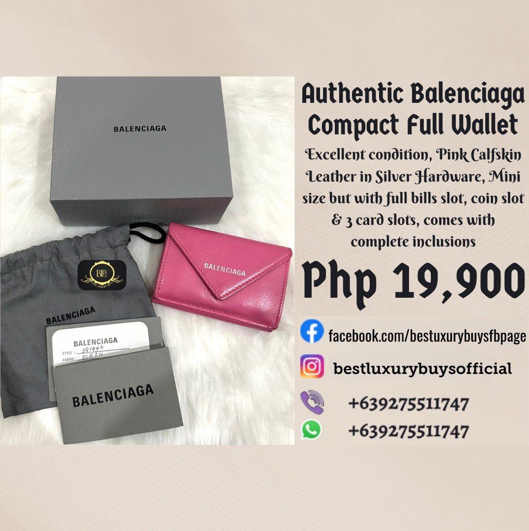 Authentic Balenciaga Mini Compact Full Wallet Pink Complete (Category: Luxury Bags & Wallets) located in Pasig City. Submitted by bestluxurybuys (Listing ID 1341205056, Image 1). Description: Authentic Balenciaga Mini Compact Full Wallet Pink Complete inclusions Dm or Vber O92755II747.