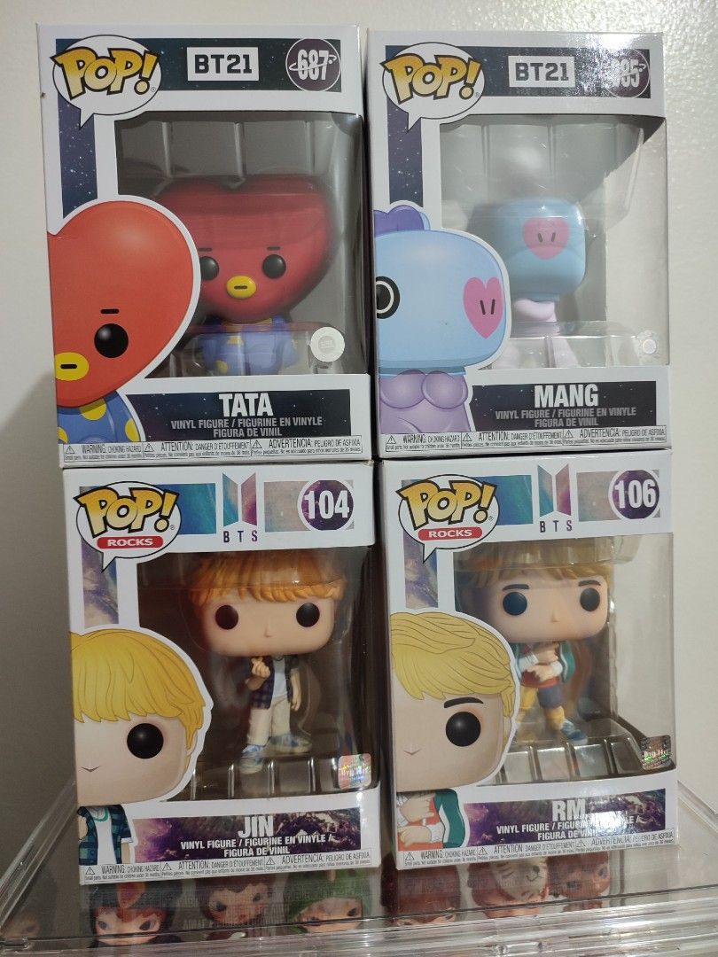 BTS and BT21 Funko Pop (Category: Designer & Blind Box Toys) located in Quezon City. Submitted by declutterthingzzz (Listing ID 1341211880, Image 1). Description: 104 Jin -1000 106 RM - 1200 685 Mang -1300 287 Tata -2000.