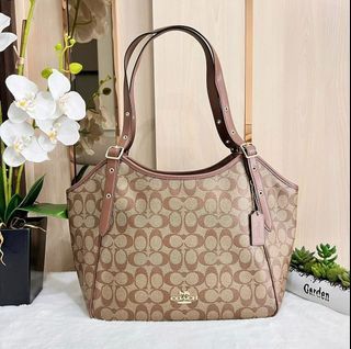 Coach CM076 Meadow Zip Shoulder Bag in Khaki Signature Coated Canvas and Saddle Smooth Leather - Ladies Bag