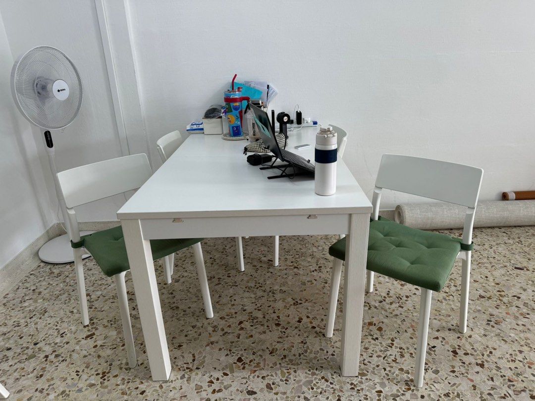 Ikea Extendable Dining Table Set (Category: Tables & Sets) located in Singapore. Submitted by yamjiawen (Listing ID 1341120579, Image 1). Description: Moving house, so selling multiple items. EVERYTHING MUST GO All items are used for a year only. This dining table set includes a dining table with 4 cushioned chairs. The table can be extended to fit up to 8 people. IKEA GLOSTAD 2-seat sofa with cushion - $50 IKEA LANEBERG Extendable dining table w