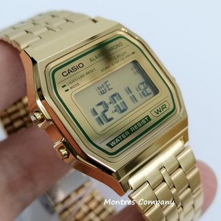 Montres Company 香港註冊公司(32年老店) 卡西歐 CASIO 不鏽鋼錶帶 不鏽鋼 A158 A158WEGV A158WEGV-9 A158WEGV-9A 防水 金色綠邊 有現貨64218455992835110
