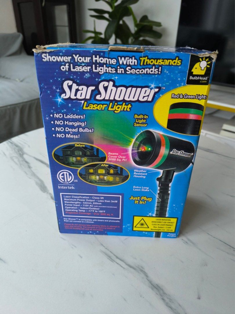 Star Shower Laser Light (Category: Lighting) located in Bacoor. Submitted by mydeclutt (Listing ID 1341076902, Image 1). Description: Never used, box have imperfections due to long storage but product is undamaged and working Retails for PHP290+ in other stores.