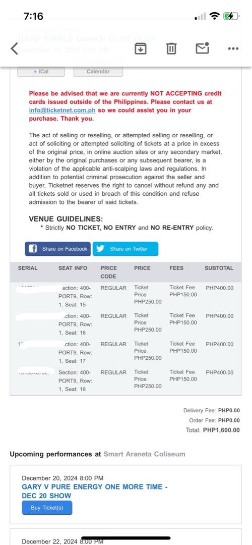 UAAP Game 3 Finals DLSU vs UP (Category: Events Tickets) located in Manila. Submitted by repzty (Listing ID 1341230239, Image 1). Description: (4) upperbox lasalle side 1k each 800 each if take all.