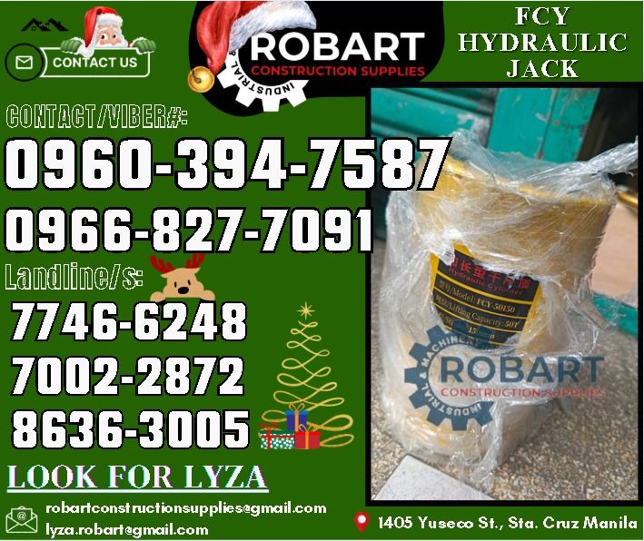 FCY Hydraulic Jack (Category: Construction Tools & Equipment) located in Manila. Submitted by lyzarobart11 (Listing ID 1341327182, Image 1). Description: FCY Hydraulic Jack Model: E-4-004 Specs: FCY50T150 𝑹𝑶𝑩𝑨𝑹𝑻 𝑪𝑶𝑵𝑺𝑻𝑹𝑼𝑪𝑻𝑰𝑶𝑵 𝑺𝑼𝑷𝑷𝑳𝑰𝑬𝑺 𝒪𝒻𝒻𝒾𝒸𝑒 𝒜𝒹𝒹𝓇𝑒𝓈𝓈: 𝟣𝟦𝟢𝟧 𝒴𝓊𝓈𝑒𝒸𝑜 𝒮𝓉. 𝒮𝓉𝒶 𝒞𝓇𝓊𝓏 𝑀𝒶𝓃𝒾𝓁𝒶 ꜱᴇɴᴅ ᴜꜱ ᴍᴇꜱꜱᴀɢᴇ ꜰᴏʀ ɪɴQᴜɪʀɪᴇꜱ ‼️ ‼️ ɢʟᴏʙᴇ: (0966-827-7091) ꜱᴍʀᴛ - (0960-394-7587) ᴠɪʙʀ - (0960-394-7587)