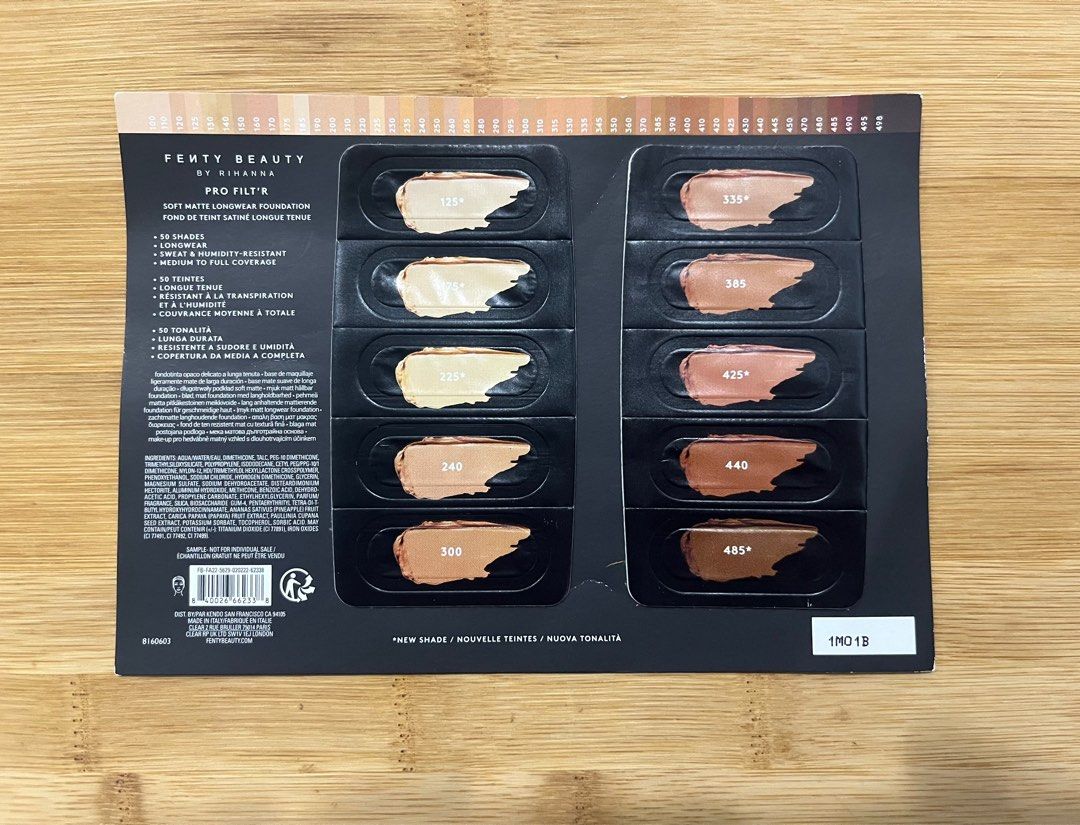FENTY BEAUTY BY RIHANNA (Category: Face Care) located in Manila. Submitted by glimmer.mnl (Listing ID 1341323143, Image 2). Description: INCLUDED SHADES: - 125 - 175 - 225 - 240 - 300 - 335 - 385 - 425 - 440 - 485.