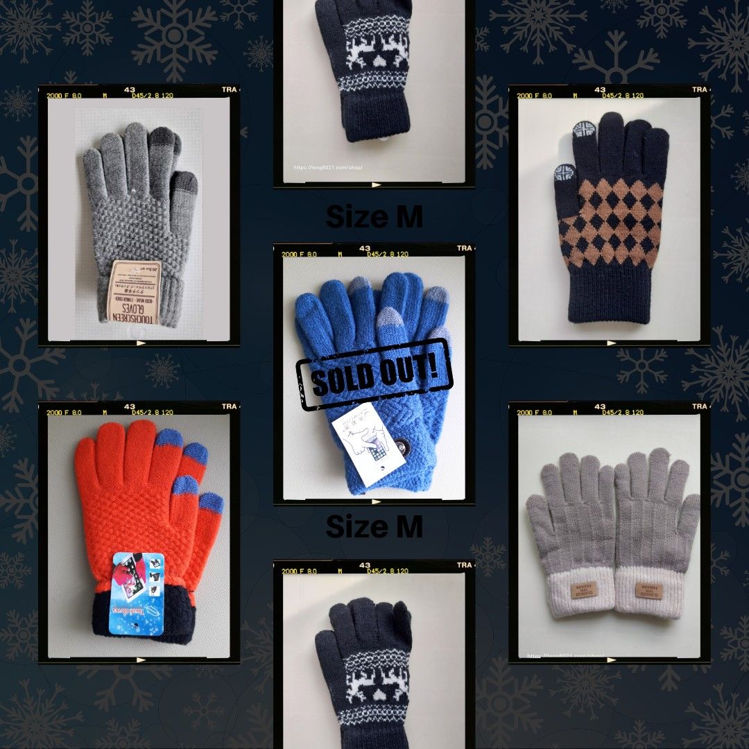 Touchscreen Winter Gloves Size M or L (Category: Travel Essentials & Accessories) located in Singapore. Submitted by leng8021 (Listing ID 210731254, Image 1). Description: Total no of winter gloves sold in 2017:- 117 pairs; in 2018:- 108 pairs; in 2019:- 94 pairs Brand new $7 for 1 pair $13 for 2 pairs $24 for 4 pairs $30 for 6 pairs Size M Recommended for ladies, height 156 to 165cm. Size L Last pic design suitable for man material:- Light, Knit