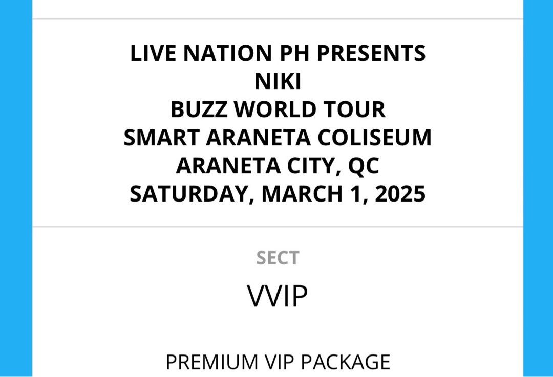 VVIP NIKI BUZZ TOUR DAY 3 (Category: Events Tickets) located in Quezon City. Submitted by roon4 (Listing ID 1341298246, Image 1). Description: i have (1) VVIP / PREMIUM VIP Ticket to NIKI BUZZ WORLD TOUR DAY 3 - kaliwaan nalang, i can do meet ups/vc - will accompany you claim the physical tix rfs: secured my desired section wc is patron .