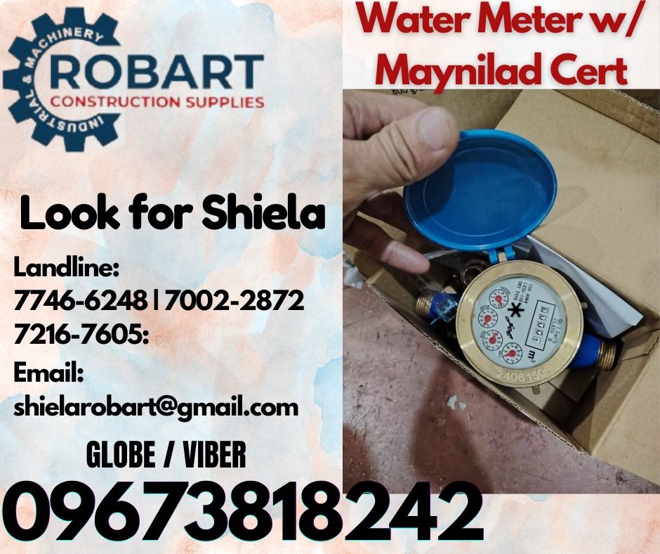 Water Meter w/ Maynilad Cert (Category: Construction Tools & Equipment) located in Caloocan City. Submitted by shielaroba44709 (Listing ID 1341323154, Image 1). Description: Water Meter w/ Maynilad Cert Size: 1/2" Brand: JET 1 set 𝑹𝑶𝑩𝑨𝑹𝑻 𝑪𝑶𝑵𝑺𝑻𝑹𝑼𝑪𝑻𝑰𝑶𝑵 𝑺𝑼𝑷𝑷𝑳𝑰𝑬𝑺 Office Address: 1405 Yuseco St. Sta Cruz Manila SEND US MESSAGE FOR INQUIRIES ‼️ ‼️ Call: 09673818242 / 09662708845 Vibr - (09673818242) Landline: (𝟩𝟩𝟦𝟨-𝟨𝟤𝟦�