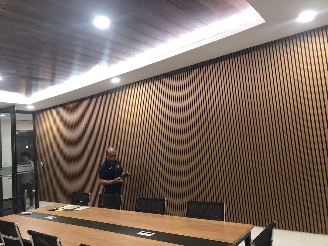 Wood Slat Panel for Best Soundproofing (Category: Construction & Building Materials) located in Pasig City. Submitted by NoiseTreatment (Listing ID 1341360210, Image 1). Description: 21mm thick x 2ft x 8ft V i b e r me po for faster transaction 🫶🏻.