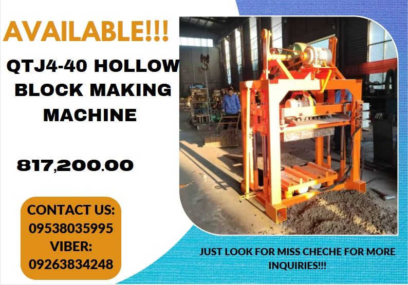 AVAILABLE!!! QTJ4-40 HOLLOW BLOCK MAKING MACHINE (Category: Construction Tools & Equipment) located in Caloocan City. Submitted by javierchec55656 (Listing ID 1341431202, Image 1). Description: Specification: Model: QTJ4-40 Electric type Brick Type: Standard /Hollow/pavement Brick Power: 9.6kw/semi-auto Carriage Size: 850*550*20mm Overall Size: 1580*1100*2100mm Total Mass: 1500kg Production Capacity: 240*115*53mm 26pcs/mould 240*115*90mm 9pcs/mou