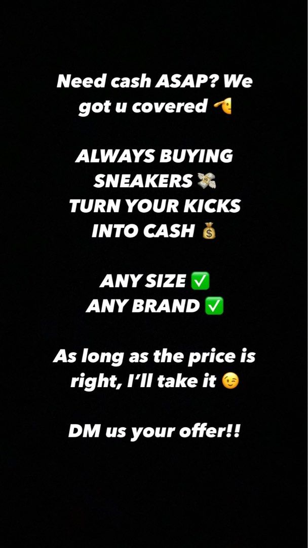 BUYING SNEAKERS!!! (Category: Looking For) located in Quezon City. Submitted by Always_Disposing (Listing ID 1341548974, Image 1). Description: Need cash ASAP? We got u covered 🫡 ALWAYS BUYING SNEAKERS 💸 TURN YOUR KICKS INTO CASH 💰 ANY SIZE ✅ ANY BRAND ✅ As long as the price is right, I’ll take it 😉 DM us your offer!! *Also accepting apparel and designer goods!.