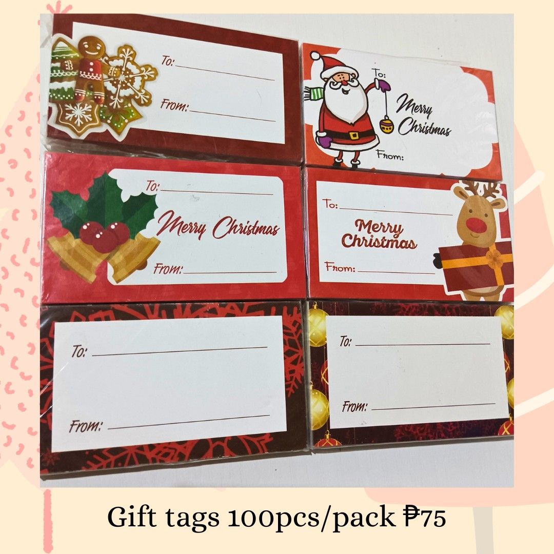 CHRISTMAS GIFT TAGS 100PCS PER PACK (Category: Gift Baskets & Hampers) located in Paranaque City. Submitted by iloveem (Listing ID 1341454604, Image 2). Description: Prices and size in photo already Location: Parañaque Payment options: Gc@sh / COD Delivery Lalamove.