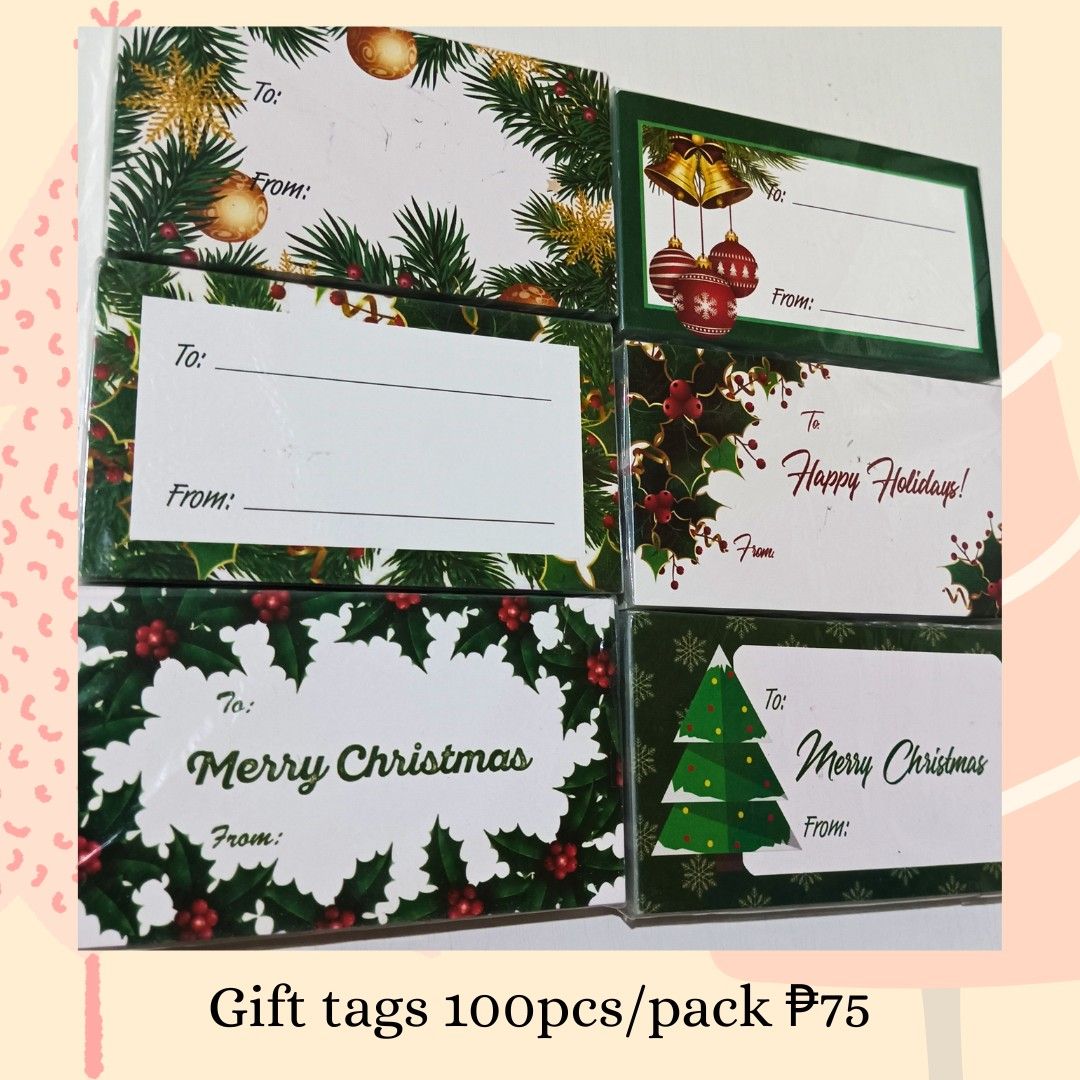 CHRISTMAS GIFT TAGS 100PCS PER PACK (Category: Gift Baskets & Hampers) located in Paranaque City. Submitted by iloveem (Listing ID 1341454604, Image 1). Description: Prices and size in photo already Location: Parañaque Payment options: Gc@sh / COD Delivery Lalamove.