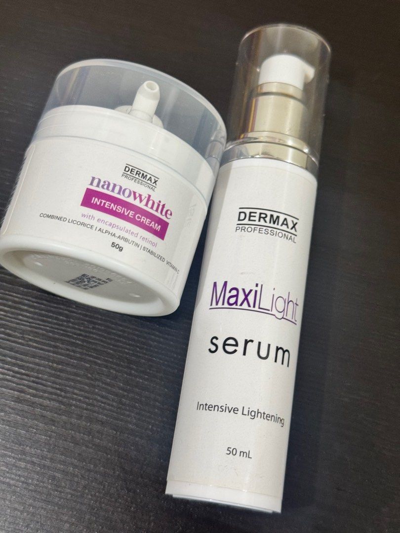 Dermax Nanowhite Cream + Maxilight Serum (Category: Body Care) located in Quezon City. Submitted by mslen08 (Listing ID 1341434956, Image 1). Description: ✳️Buy 1 Take another item sale For sale like new: Maxilight Serum (orig Price) P1,500 (expiry April 2026) Nano White Cream (orig Price) P750 (expiry May 2027) RFS: used max of 3x pumps.