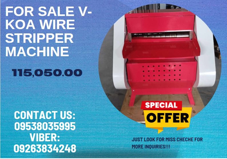 FOR SALE V-KOA WIRE STRIPPER MACHINE (Category: Construction Tools & Equipment) located in Caloocan City. Submitted by francineja42756 (Listing ID 1341429385, Image 1). Description: Wire Stripping Machine Double Blade Model : V-KOA Power: 3kw Capacity: 30m/min Net weight : 185kg Machine size :600*500*1250mm Voltage : Single Phase #HighQuality #WireGranulator #CopperWireGranulatorMachine #CableWireStrippingMachine #WireStripper #CableStripper #Wir
