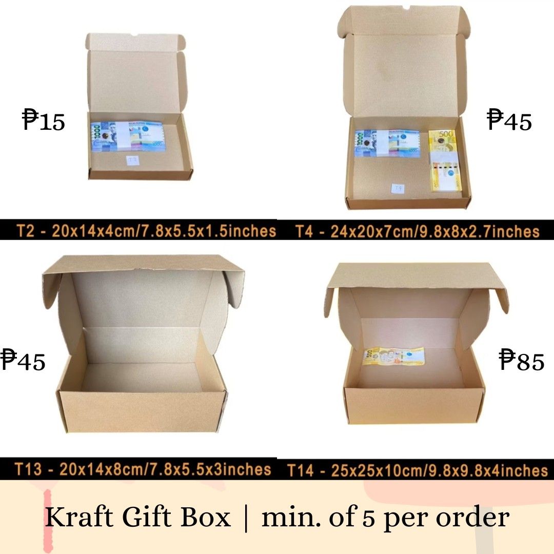 KRAFT GIFT BOX GIFT WRAPPER FOR PRESENTS PACKAGING (Category: Craft Supplies & Tools) located in Paranaque City. Submitted by iloveem (Listing ID 1341454761, Image 2). Description: Prices and size in photo already Location: Parañaque Payment options: Gc@sh / COD Delivery Lalamove.