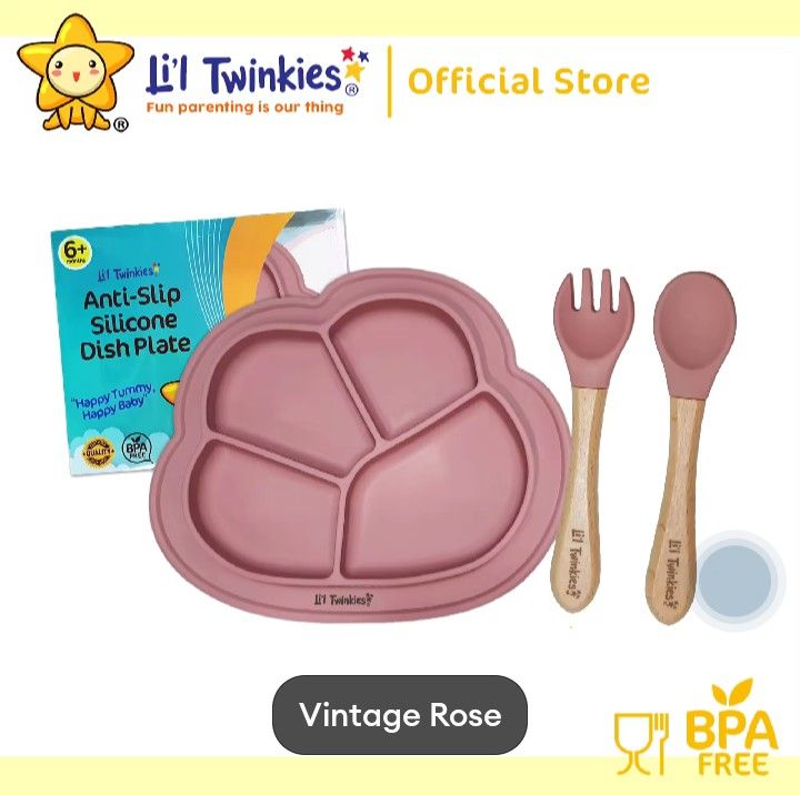 Li'l twinkies silicone dish plate (Category: Weaning & Toddler Feeding) located in Navotas City. Submitted by roxieclzb (Listing ID 1341496532, Image 1). Description: li'l twinkies silicone dish plate with train me spoon and fork set with packaging and box pa po. issues: faded color dish plate and spoon (of course always ginagamit for feeding 😊) original price now 900++.