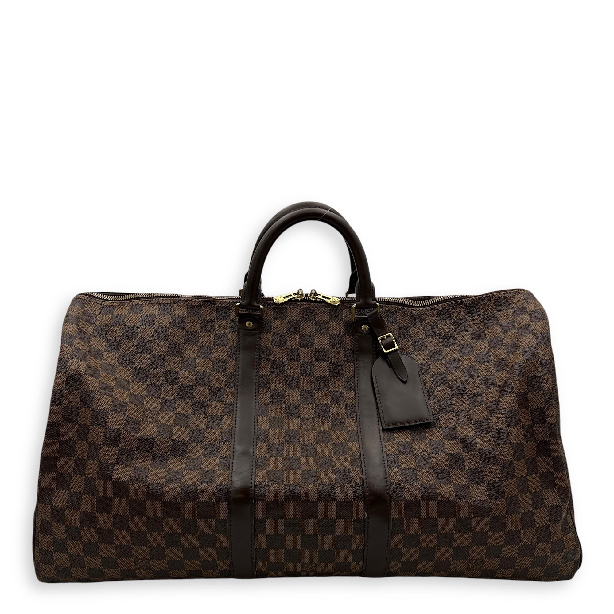 Louis Vuitton Keepall Duffle Bag 55 Damier Ebene in Coated Canvas Gold hardware