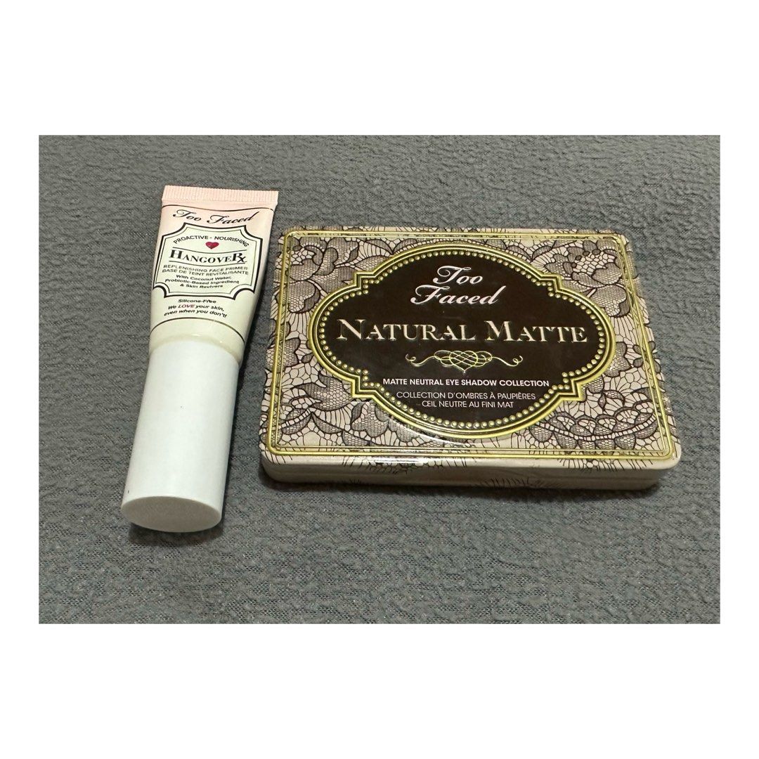 Too Faced Makeup Bundle (Category: Makeup) located in Las Pinas. Submitted by zen.finds (Listing ID 1341526847, Image 1). Description: Bundle includes: Natural Matte Eye Shadow - Barely used - Super flattering shades Hangover Primer - Like new - With box - Around 50% left - Personal fave! Last price posted!! 🤍 Steal deal 💗.