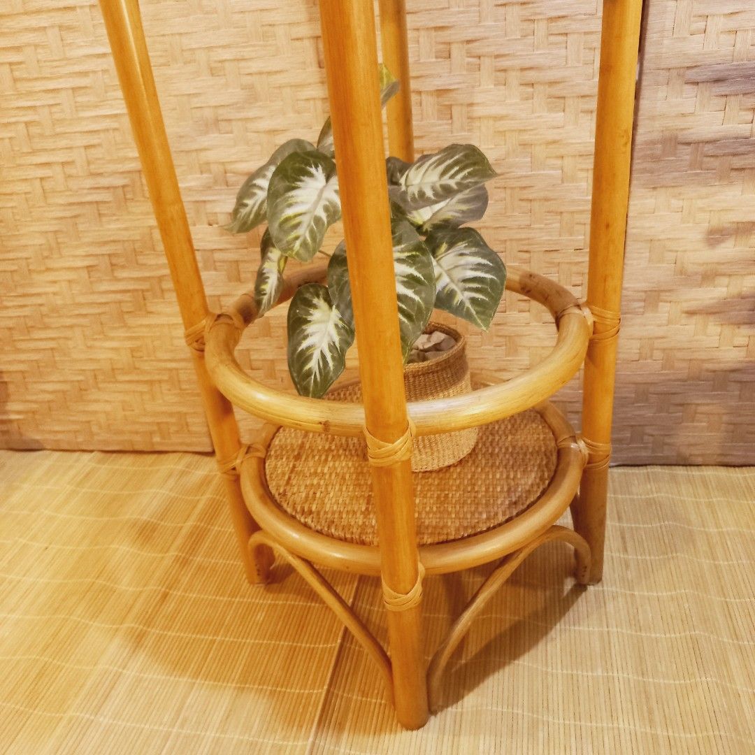 Vintage rattan 2 layer rack side table plant stand farmhouse ...