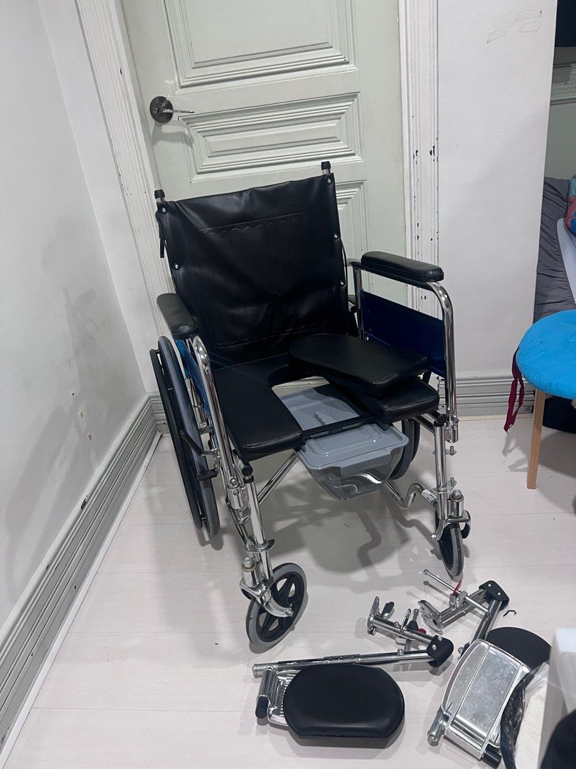 Wheelchair Reclining Commode Sureguard (Category: Wheelchairs) located in Pasig City. Submitted by declutterwithai (Listing ID 1341564437, Image 2). Description: Still in very good condition With commode Reclining 90° With headrest and footrest Still did not remove stickers Used for 2 months Bought around 8k Negotiable (reasonable).