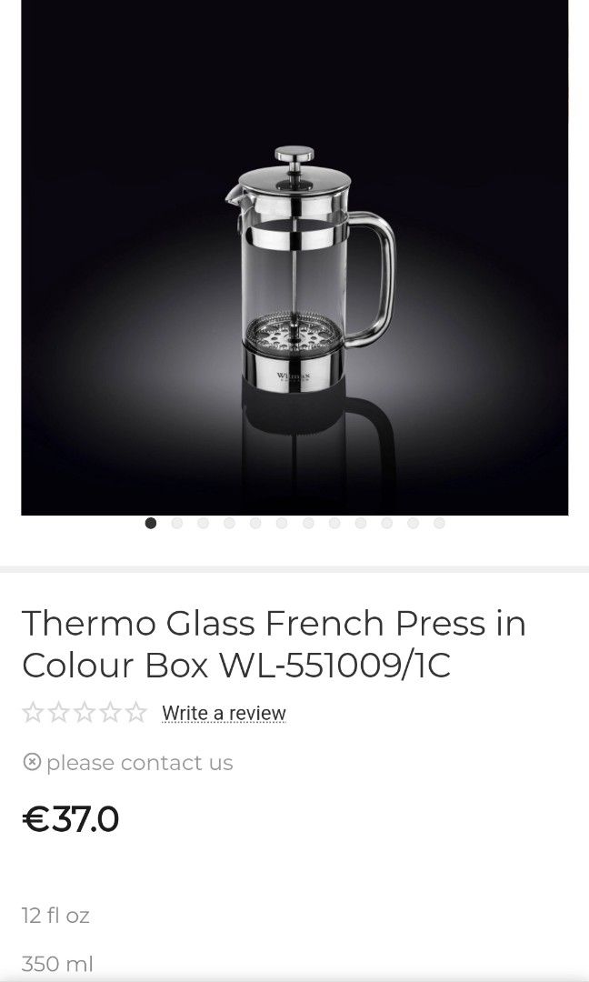 Wilmax Coffee Press (Category: Coffee Machines & Makers) located in Las Pinas. Submitted by clearancefanatic (Listing ID 1341473389, Image 1). Description: Wilmax Coffee French Press Zalora Price: Php 5,834 perfect for Christmas Gift for Coffee lovers.