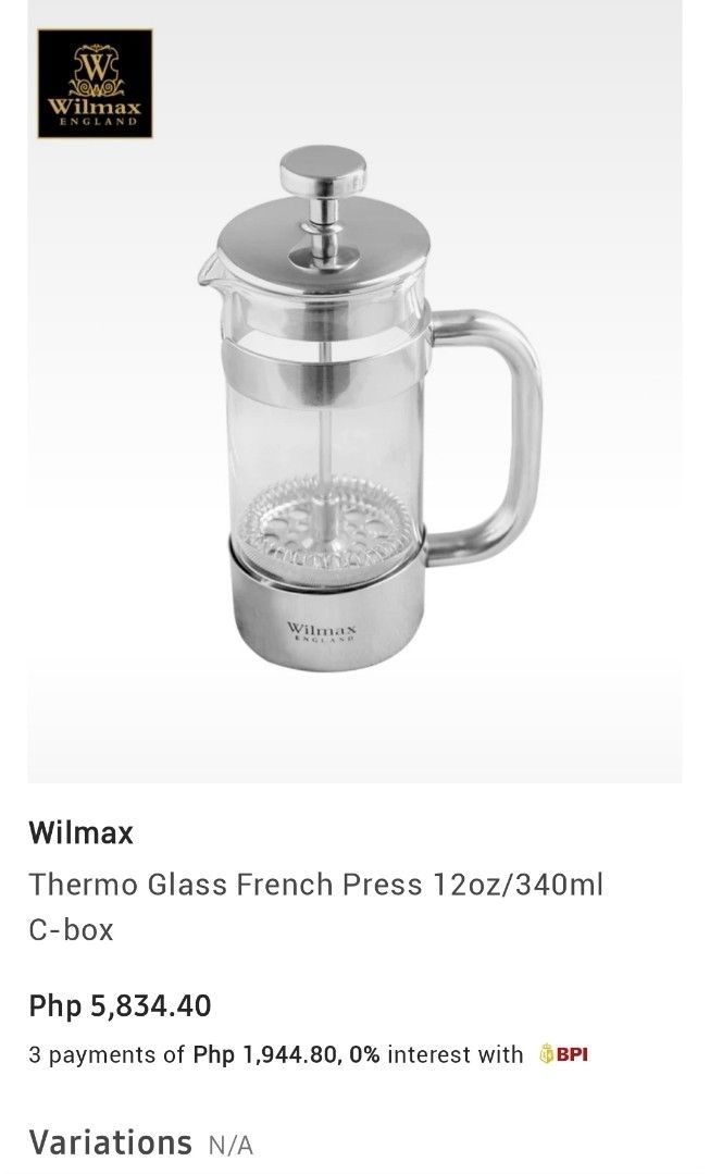 Wilmax Coffee Press (Category: Coffee Machines & Makers) located in Las Pinas. Submitted by clearancefanatic (Listing ID 1341473389, Image 3). Description: Wilmax Coffee French Press Zalora Price: Php 5,834 perfect for Christmas Gift for Coffee lovers.