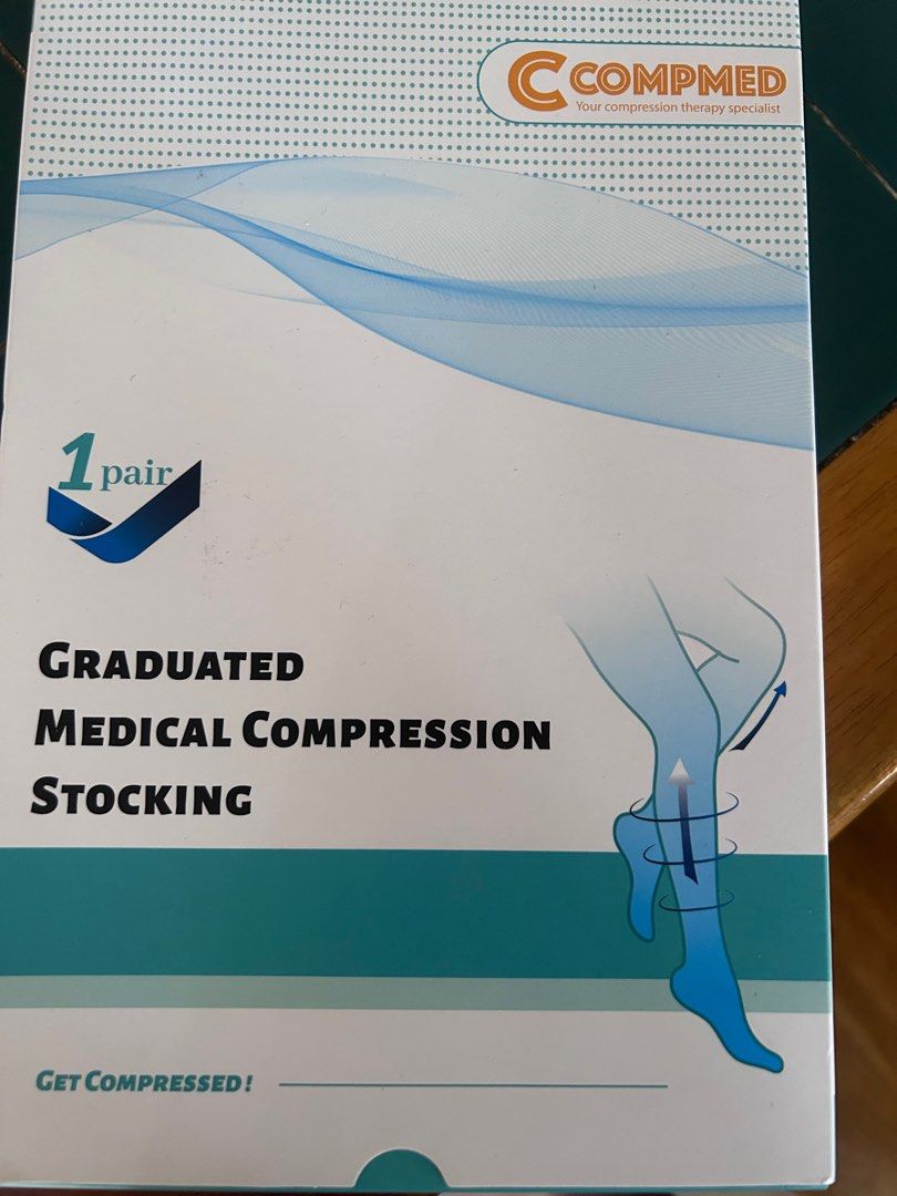 Compression socks (Category: Braces, Support & Protection) located in Singapore. Submitted by climee (Listing ID 1341677307, Image 1). Description: Bought extra for my dad Pls measure your legs size with comparison to my chart. Brand is Recommended by hospital not available in retail , bought $65 For varicose veins n numb feet Can post as well.
