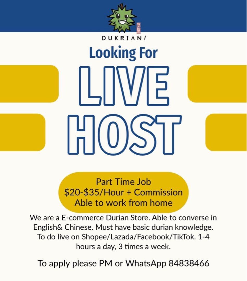 Live Host Admin (Category: Looking For) located in Singapore. Submitted by yesfloral (Listing ID 1341762801, Image 1). Description: We are looking for live host. You are responsible for planning script and promoting products live hosting on ecommerce website. No experience needed. Female Preferred. Flexible schedule and timing 1-3 hours per day, 2-5 times a week. $30-50 per hour depending on experience and performance + sales commission. Able to 