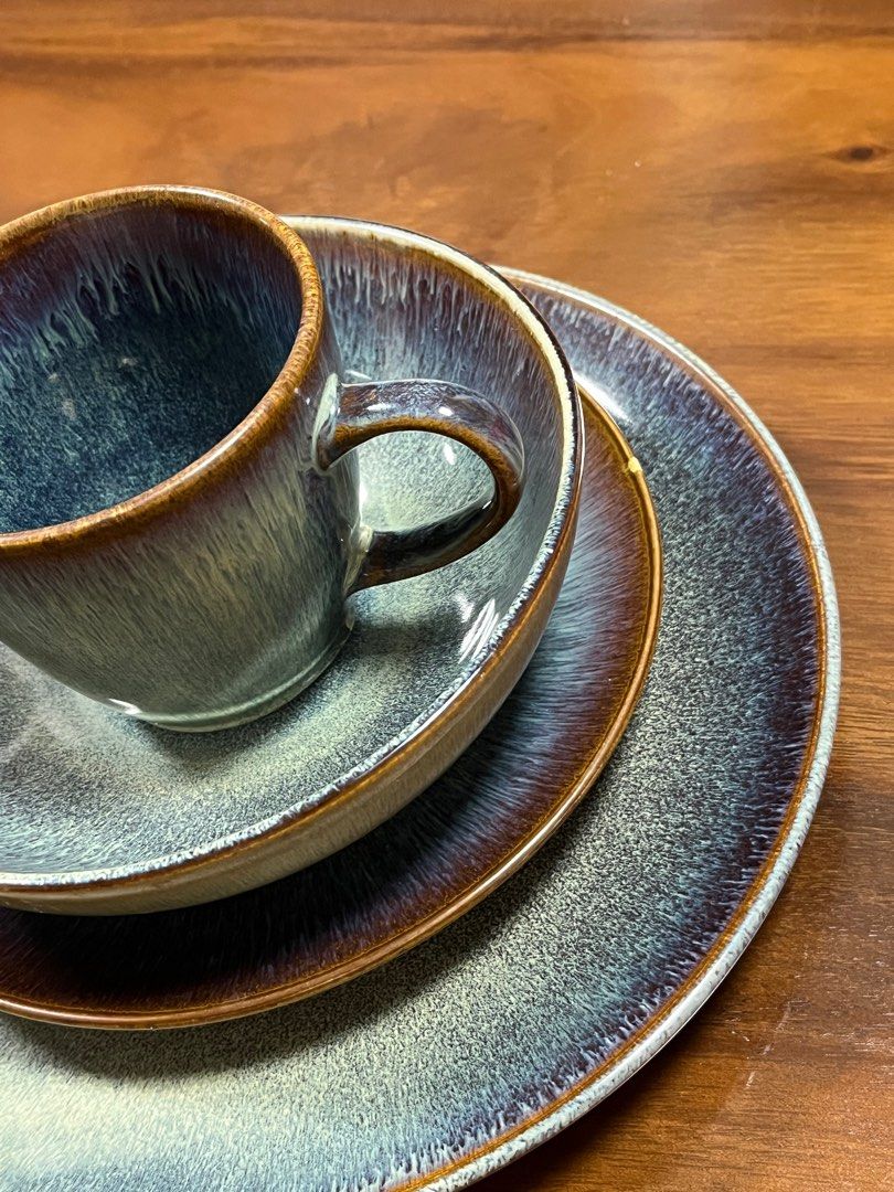 Set glazed stoneware mug bowl breakfast plate dinner plate (Category: Dinnerware & Cutlery) located in Quezon City. Submitted by spacetronaut (Listing ID 1341688932, Image 1). Description: Selling as set for ₱1,190 Stoneware mug, bowl, breakfast plate, and dinner plate Lightly used but no cracks, all usable Glaze is very pretty!.