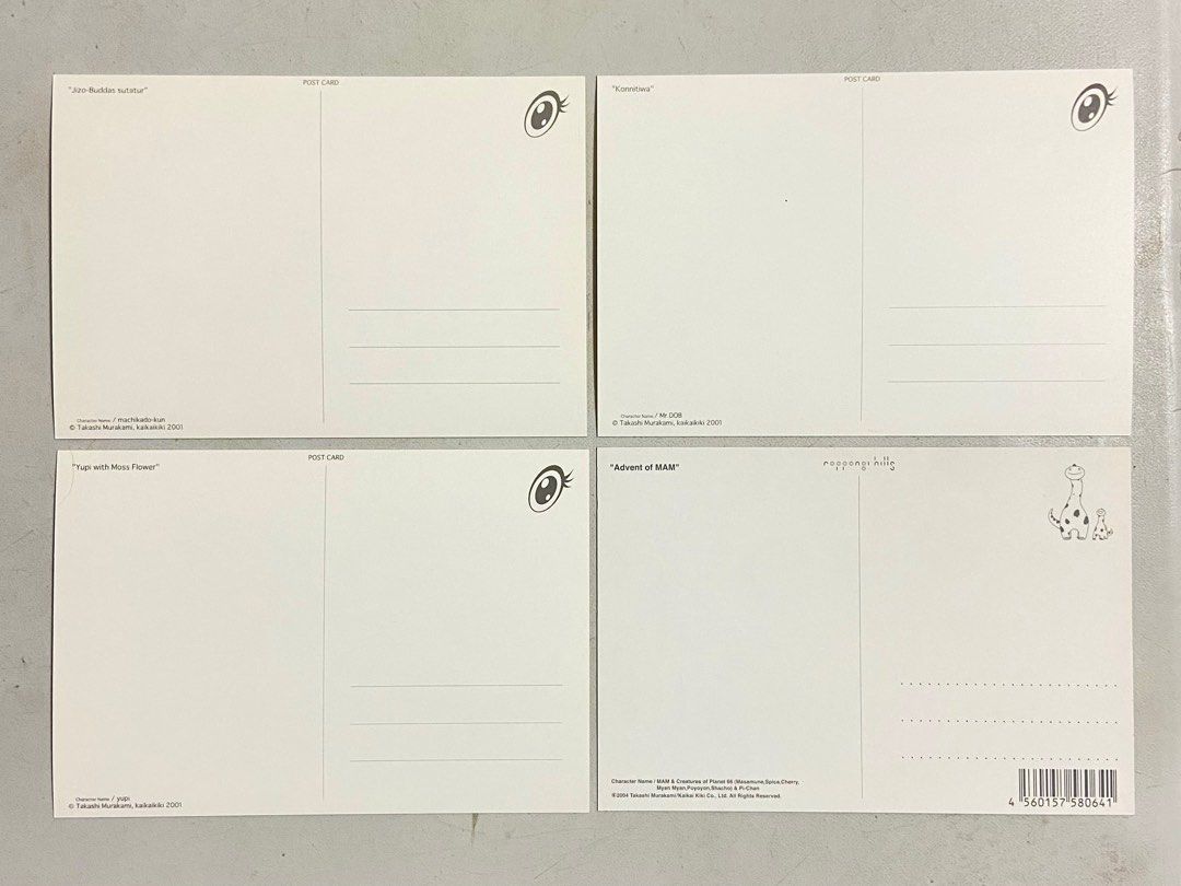 8 Pieces Assorted Takashi Murakami Post Cards (Category: Art & Prints) located in Santa Rosa. Submitted by shikaricollectibles (Listing ID 1341956532, Image 3). Description: Assorted Takashi Murakami Post Cards 8 pieces set Postcard size: 7 inches x 4.75” Remarks: Three of these have one yellowish side due to aging. Please refer to the 4th and 5th photo. Price: ₱1000 set Location: Santa Rosa, Laguna/ Cubao, QC MOD: J&T/ LBC/ Lalamove MOP: Gcash/ 