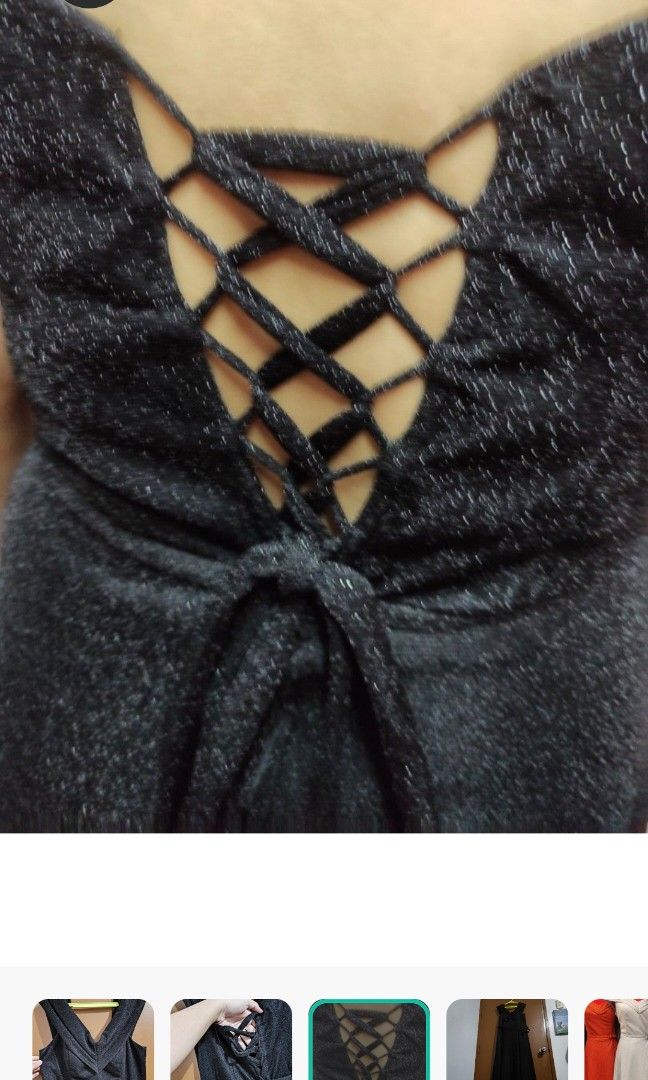Black glittery dress (Category: Evening dresses & gowns) located in Las Pinas. Submitted by fishbowling (Listing ID 1341799430, Image 3). Description: Black glittery dress(2XL) with v-neck in front and tie design at the back Condition: Good as new (used only once) Length ~133 cm / 52.5 inches Waist: up to 35 inches Bust up to 40 inches (padded already) With ribbon at the back, adjustable with zipper at the back.