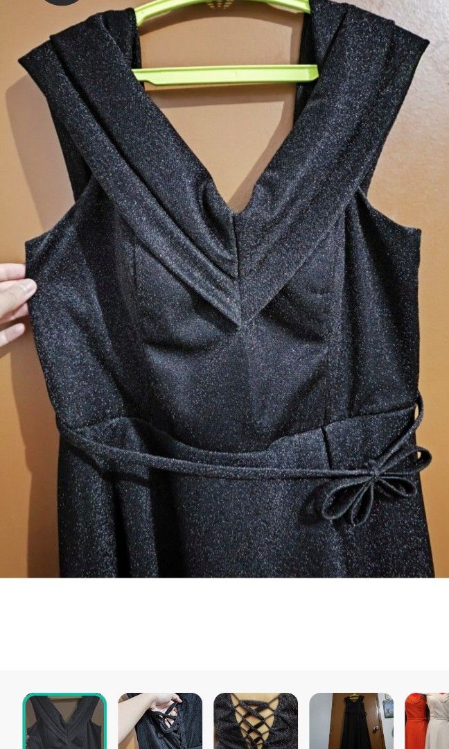 Black glittery dress (Category: Evening dresses & gowns) located in Las Pinas. Submitted by fishbowling (Listing ID 1341799430, Image 1). Description: Black glittery dress(2XL) with v-neck in front and tie design at the back Condition: Good as new (used only once) Length ~133 cm / 52.5 inches Waist: up to 35 inches Bust up to 40 inches (padded already) With ribbon at the back, adjustable with zipper at the back.