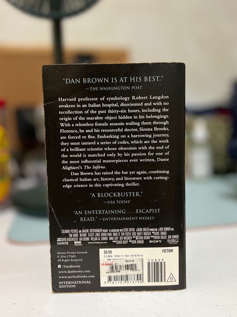 [Book] Inferno - Dan Brown (Category: Storybooks) located in Imus. Submitted by harith21 (Listing ID 1341915224, Image 2). Description: - Paperback - Obvious browning/tanned pages, foxing - Minimal dog-earing - No annotations/highlights - Still very readable! Actual photos provided in this listing. I’m giving PHP 50 off for every 3 books purchased. You may visit my profile to check more! .