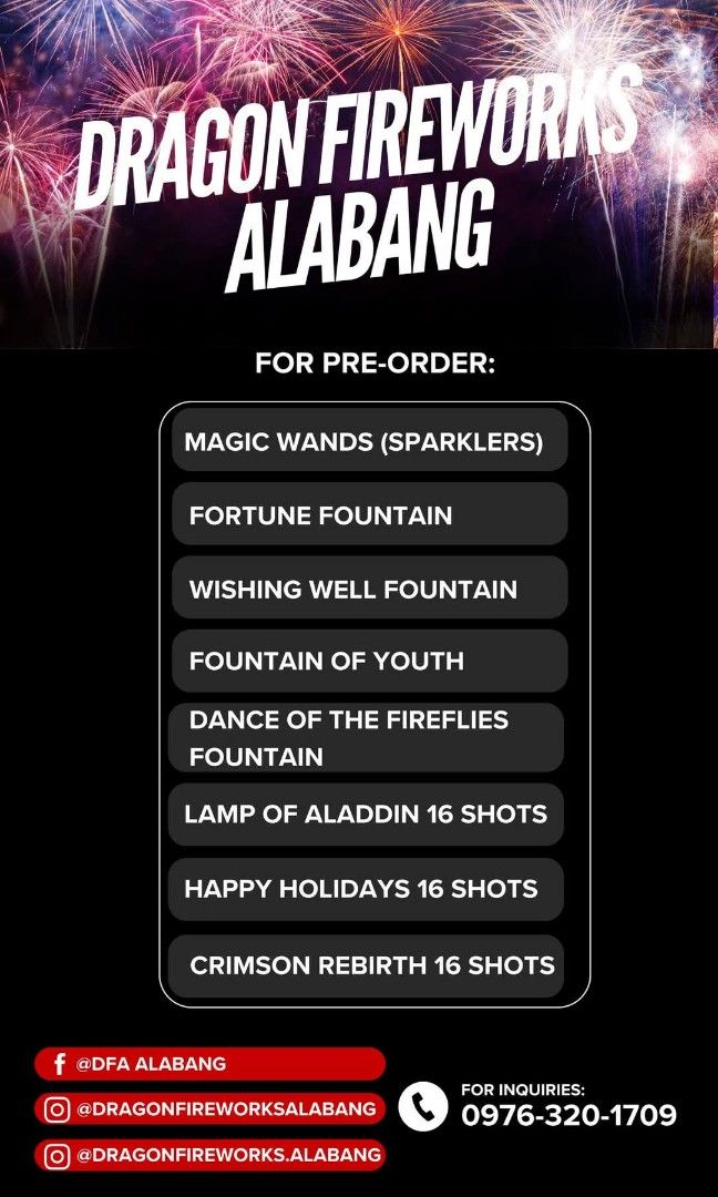 Dragon Fireworks (Category: Action & Battle Toys) located in Muntinlupa City. Submitted by techmarket (Listing ID 1341829721, Image 1). Description: Pailaw from Dragon Pm for pricelist Magic wands Fountains Aerials.