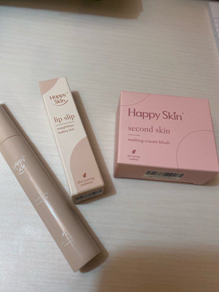 Happy Skin Bundle (Category: Makeup) located in Makati City. Submitted by deocampo.chloe (Listing ID 1341948663, Image 2). Description: Original price for all: ₱1,450 Bundle Contains: - x1 Brand New Second Skin Melting Cream Blush (Soft Peony) - x1 Brand New Lip Slip Weightless Balmy Tint (Off Duty) - x1 Brand New Voluminizing Mascara RFS: Bought duplicates for Christmas gift giving.
