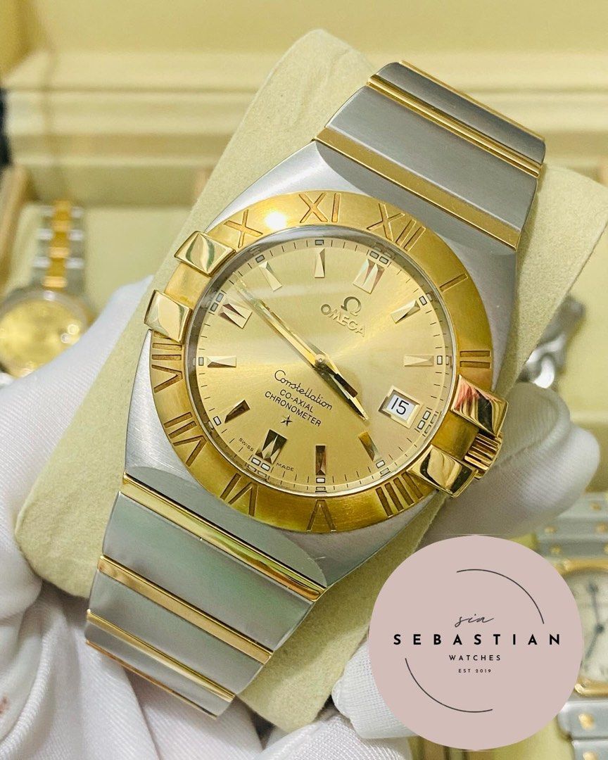 Omega Constellation "Double Eagle" Chronograph (Category: Luxury Watches) located in Quezon City. Submitted by clicksmileph (Listing ID 1310008897, Image 3). Description: Omega Constellation "Double Eagle" Chrono Co-Axial Chronometer 38mm Case size (Mens/Unisex) Ref #: 12031000 Serial #: 80714xxx Automatic Movement Gold dial with gold stick hour Fixed 18k yellow gold bezel with Roman numerals 2-tone (Stainless steel & 18k Crown, Bezel , lined str