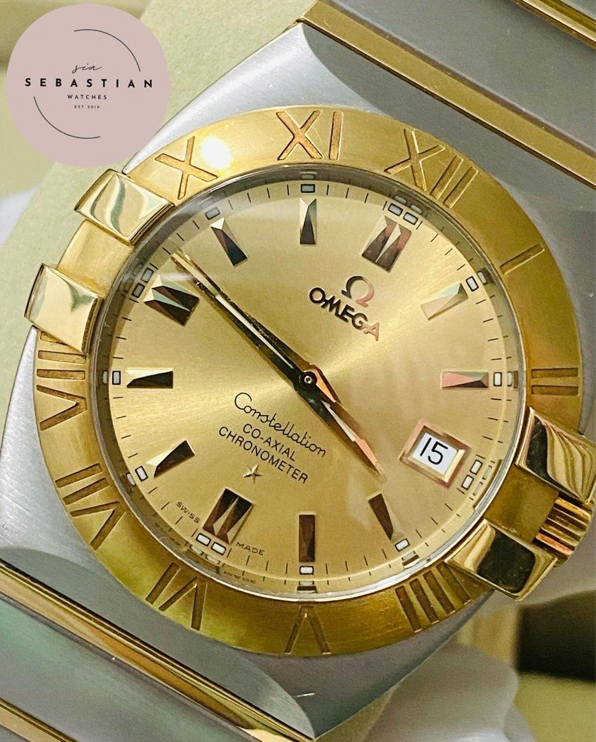 Omega Constellation "Double Eagle" Chronograph (Category: Luxury Watches) located in Quezon City. Submitted by clicksmileph (Listing ID 1310008897, Image 2). Description: Omega Constellation "Double Eagle" Chrono Co-Axial Chronometer 38mm Case size (Mens/Unisex) Ref #: 12031000 Serial #: 80714xxx Automatic Movement Gold dial with gold stick hour Fixed 18k yellow gold bezel with Roman numerals 2-tone (Stainless steel & 18k Crown, Bezel , lined str