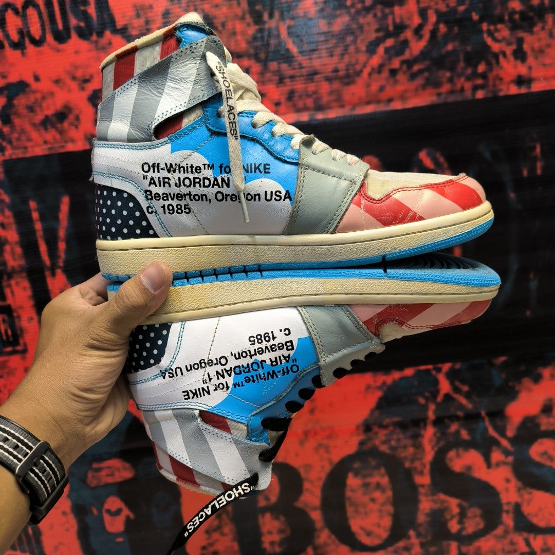 Parra x Off White x Air Jordan 1 High Custom Blue White Red Fesyen Pria Sepatu Sneakers di Carousell