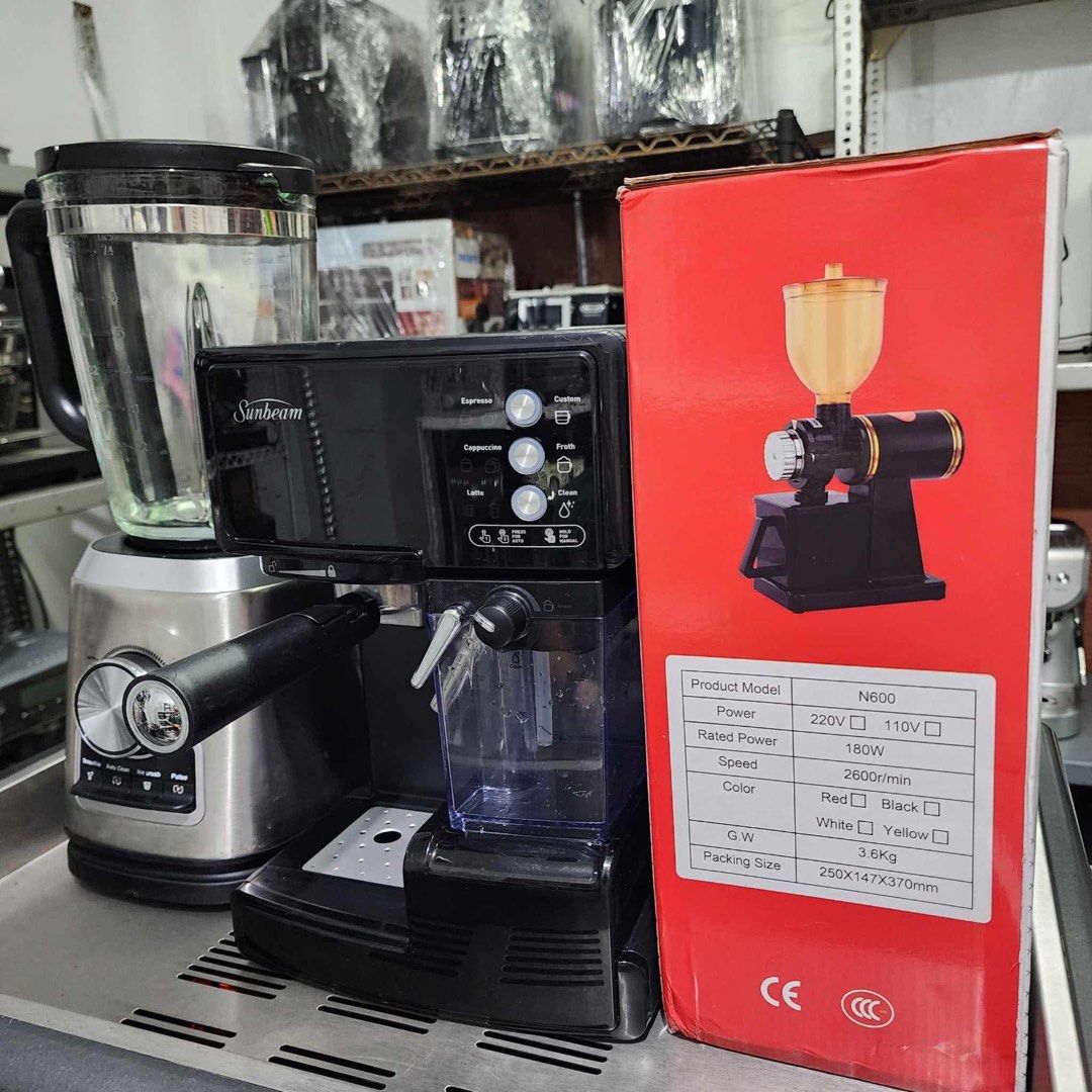 Sunbeam espresso machine with automatic milk frother. Set with blender & grinder. (Category: Coffee Machines & Makers) located in Bulacan. Submitted by gloriosokimberlyy (Listing ID 1341920963, Image 2). Description: Sunbeam espresso machine with automatic milk frother. Set with blender & grinder. 12k Minor scratch.