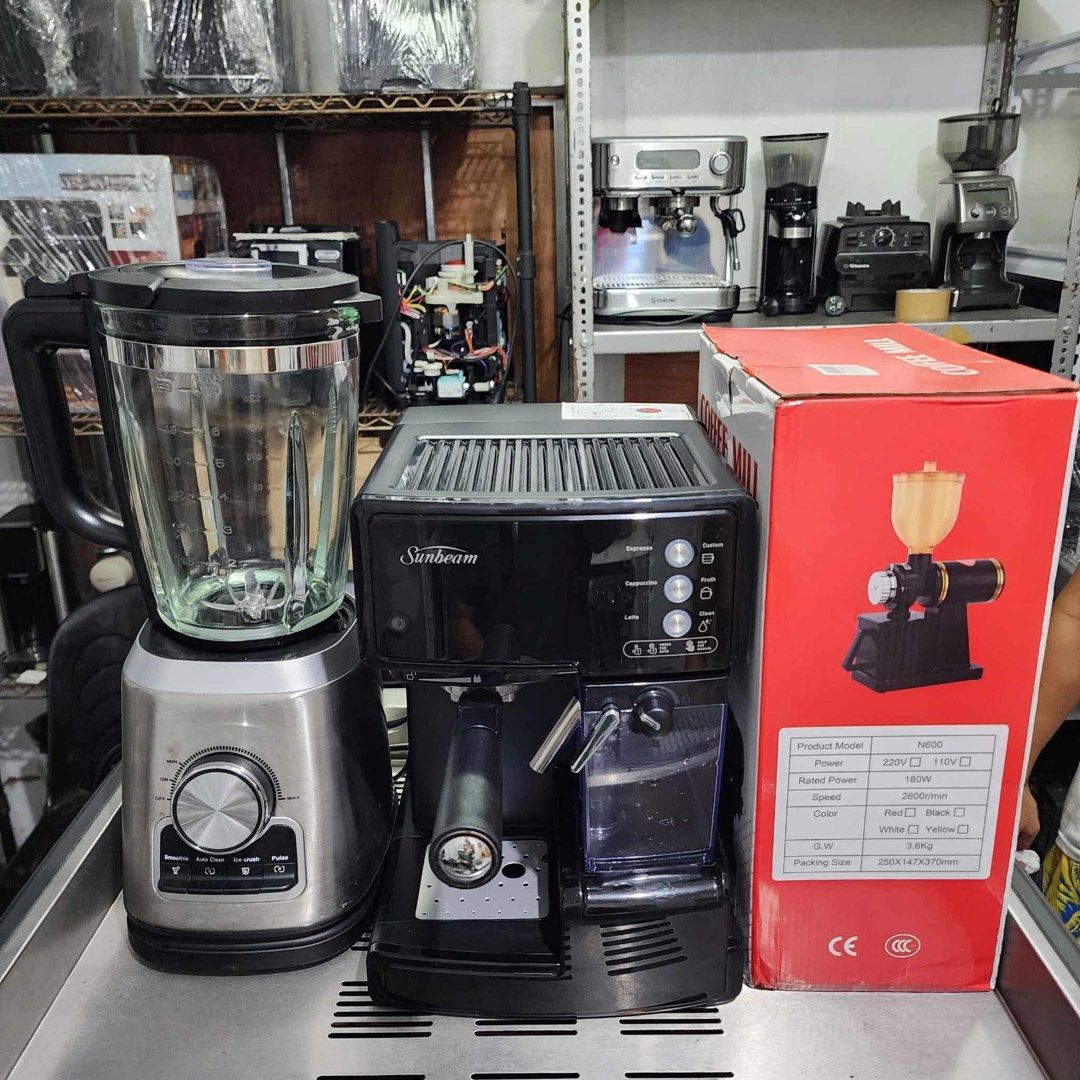 Sunbeam espresso machine with automatic milk frother. Set with blender & grinder. (Category: Coffee Machines & Makers) located in Bulacan. Submitted by gloriosokimberlyy (Listing ID 1341920963, Image 1). Description: Sunbeam espresso machine with automatic milk frother. Set with blender & grinder. 12k Minor scratch.